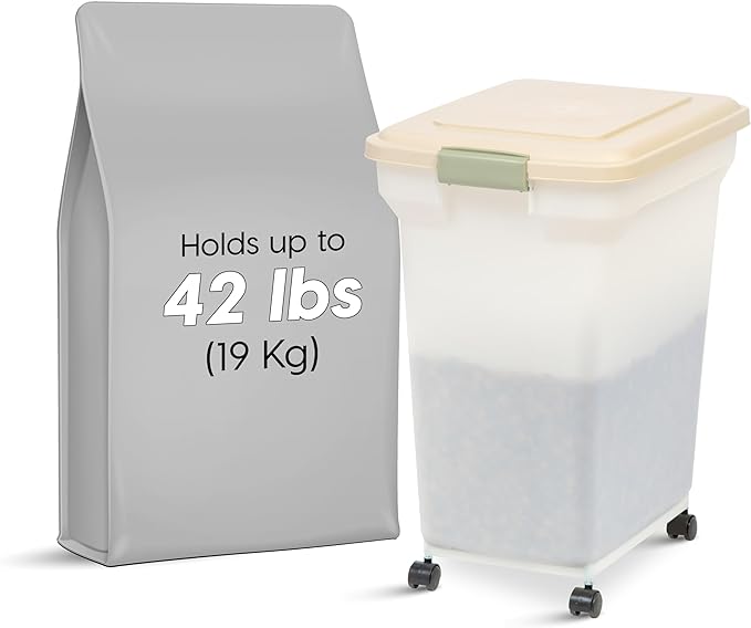 IRIS USA WeatherPro Airtight Dog Food Storage Container, Up to 42 lbs, Attachable Wheels, For Dog Cat Bird and Other Pet Food Storage Bin, Keep Fresh, Translucent Body, Pearl/Almond