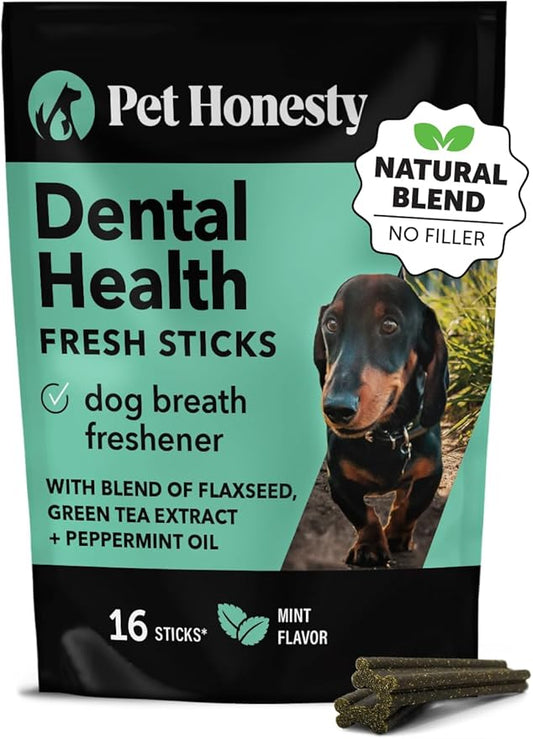 Pet Honesty Dental Health Fresh Sticks - Oral Hygiene Dental Sticks for Dogs - Dental Dog Chews - Freshen Dog Breath, Reduce Plaque + Tartar - 16 Sticks