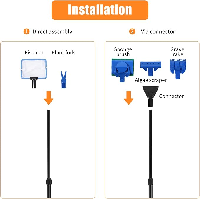 AQUANEAT Aquarium Cleaning Tools, Fish Tank Cleaning Kit with Adjustable Long Handle, 5 in 1 Tools Including Fish Net, Algae Scraper (Adjustable)