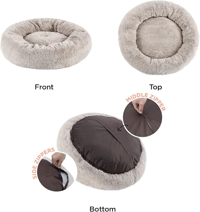 Best Friends by Sheri SnuggleSoft Faux Rabbit Fur Memory Foam Calming Donut Bed for Dogs and Cats, Brown, 30" x 30"