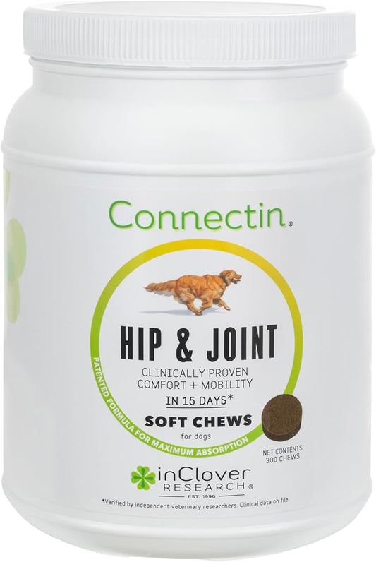 In Clover InClover Connectin Hip and Joint Supplement for Dogs. Combines Glucosamine, Chondroitin and Hyaluronic Acid with Herbs for Comfort and Mobility