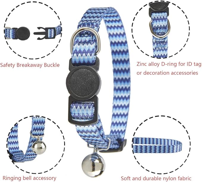 Breakaway Cat Collar with Bell, 2 Pack Adjustable Nylon Cat Collars for Male Boy Cats, Blue & Purple