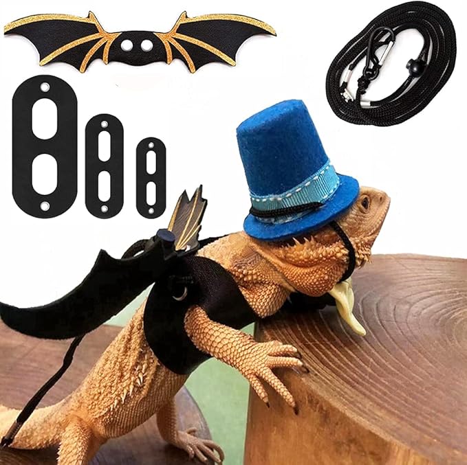 Bearded Dragon Leash Harness with Magician Hat and Bowtie Halloween Costume Set,3 Size Pack Bat Wing with Leash for Lizard Reptile Halloween,Holiday,Party,Photos Small Animal Clothes Outfit (Blue Set)