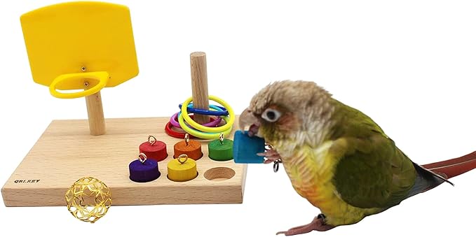 QBLEEV Bird Toys, Budgie Bird Trick Tabletop Toys, Training Basketball Stacking Color Ring Toys Sets, Parrot Chew Ball Foraing Toys, Pet Education Play Gym Playground Activity Cage Foot Toys