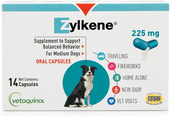 Vetoquinol Zylkene Behavior Support Capsules for Medium Dogs 33-65lbs, Calming All Natural Milk Protein Supplement, Helps Relieve Dog Anxiety During Fireworks and Thunder, 225mg