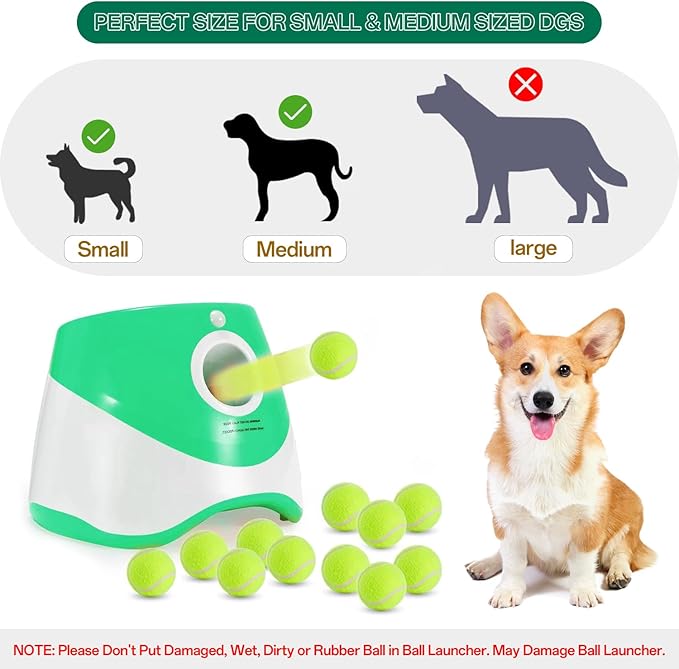 Automaitc Dog Ball Launcher - Dog Fetch Machine for Small Sized Dogs,3 Launch Distances, Ball Launcher for Dogs with 12 Balls, Rechargeable Ball Thrower for Dogs (Green dog launcher)