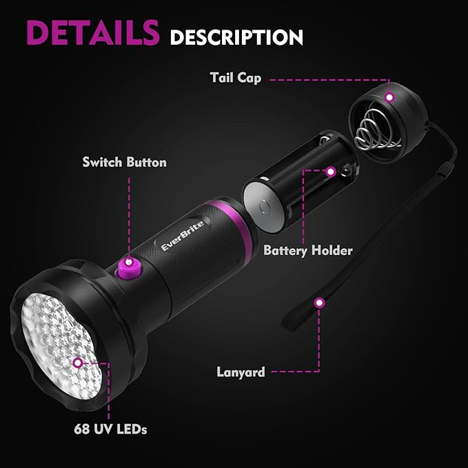 EverBrite UV Flashlight, 68 LED Blacklight Flashlights, 395nm Black Light Flashlight for Pet Urine Detection, Carpet, Scorpions and Bed Bug, Batteries Included