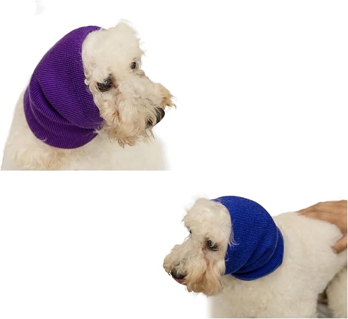 2 Pack Pet Ear Covers for Bath,Soothing Hoodies for Dogs&Cats-Anxiety & Stress Relief-Puppy Calming Product Happy Ear Cover No Flap Ear Wraps for Dogs for hematoma- Purple+Blue M