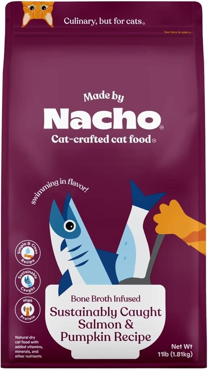 Made by Nacho Bone Broth Infused Dry Cat Kibble - Sustainably Caught Salmon and Pumpkin - Premium Grain-Friendly Cat Food 11b Bag, Limited Ingredients