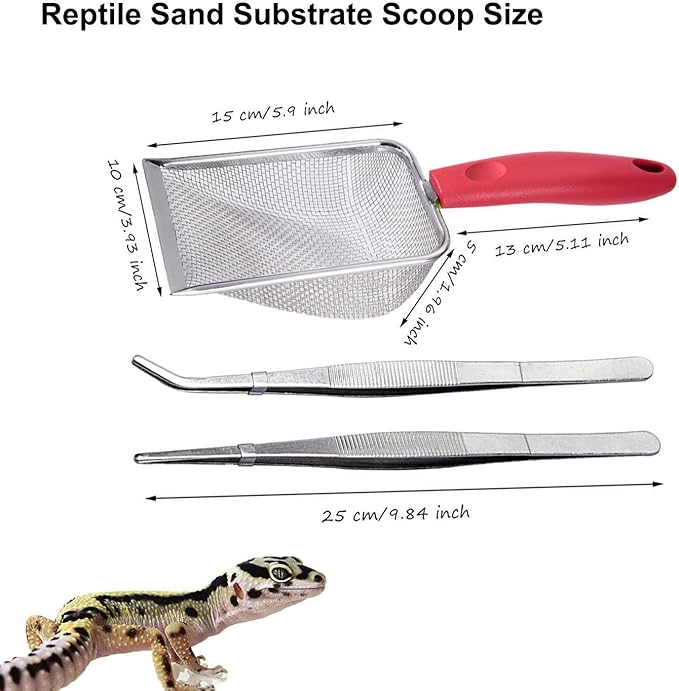 Reptile Sand Substrate Scoop Reptile Sand Fine Mesh Reptile Scooper Stainless Steel Terrarium Substrate Sand Bedding Litter Cleaner Scoop and Reptile Long Feeding Tongs Set (Red-1mm)