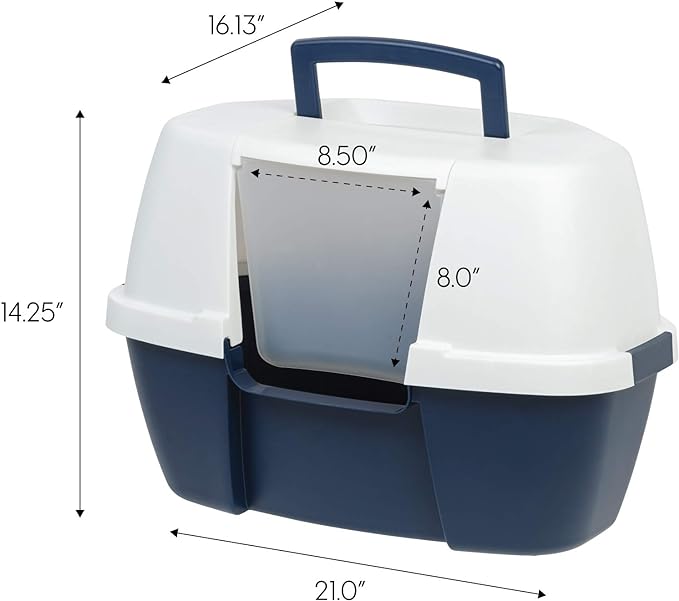 IRIS USA Large Corner Cat Litter Box Enclosure with Front Door Flap and Scoop, Hooded Kitty Litter Tray with Easy Access Lift Top Handle and Buckles for Portability and Privacy, Navy/White