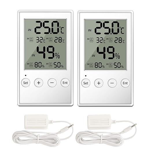 Reptile Terrarium Hygrometer Thermometer with in/Out Temperature Humidity Alarm, Digital Thermometer and Humidity Gauge with Probe for Reptile Tanks Humidor Incubator Greenhouse (AL5-2PCS)