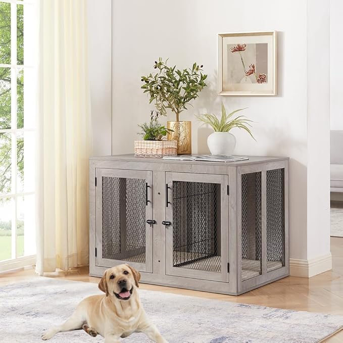 unipaws Extra Large Dog Crate Furniture with Divider for 2 Dogs, Wooden Dog Kennel for XLarge Breed, Indoor Decorative XL Wood Dog Cage, Inside Side End Table Crate with Tray, for Dogs Up to 90 lbs