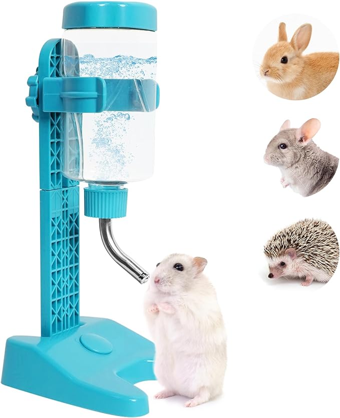 Pet Standing Water Dispenser Top Fill Dog Water Bottle Dispenser with Stand Leakproof Pet Slow Water Bottle for Small Animals, 13oz, BPA Free, Adjustable Height, Blue