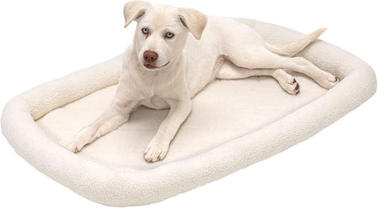 Furhaven Dog Bed for Large/Medium Dogs, 100% Washable, Sized to Fit Crates - Sherpa Fleece Bolster Crate Pad - Cream, Large, 36.0"L x 23.0"W x 2.7"Th
