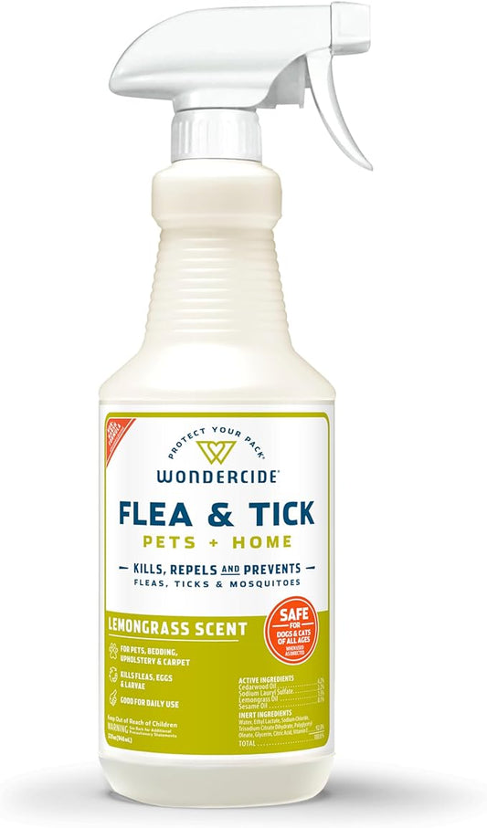 Wondercide - Flea, Tick & Mosquito Spray for Dogs, Cats, and Home - Flea and Tick Killer, Control, Prevention, Treatment - with Natural Essential Oils - Pet and Family Safe - Lemongrass 32 oz