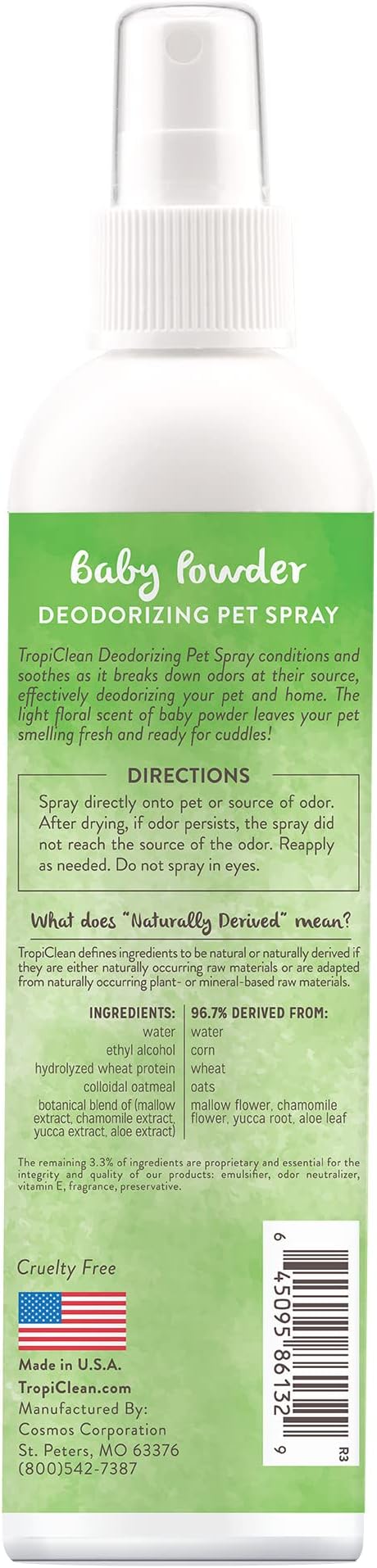 TropiClean Baby Powder Dog Perfume Spray Long Lasting | Naturally Derived Odor Removing Dog Deodorizing Spray | Cat Friendly | Made in USA | 8 oz