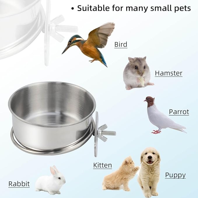 2 Pack Stainless Steel Bird Bowls for Cage Parrot Food Water Bowl Bird Feeding Dish Cups Parrot Food Water Feeder Pet Hanging Bowl Crate Coop Cups with Clamp Holder for Small Animal Dog Parakeet