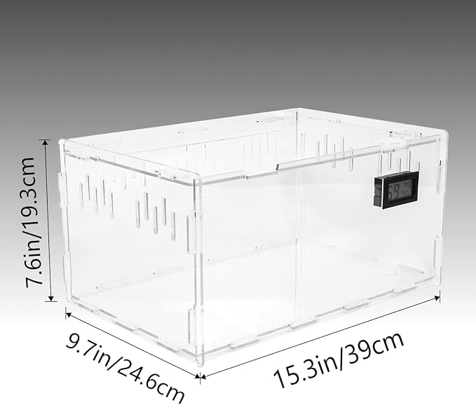 BETAZOOER Reptile Terrarium Breeding Tank Acrylic Reptile Feeding Box with Temperature Hygrometer (15.3"x9.7"x7.6")