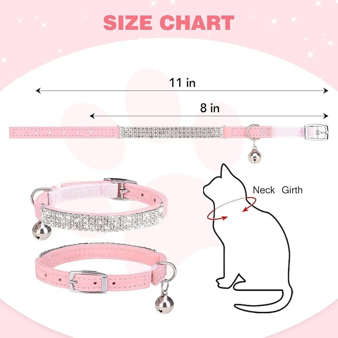 BINGPET Diamond Cat Collar,Adjustable Soft Velvet Leather Safe Kitten Collar with Shiny Rhinestones and Bells,Girl Boy Bling Stylish Cat Collars with Safety Elastic for Small Medium Cats,Pink