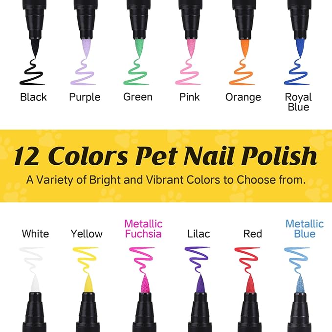 Dog Nail Polish Pens Quick Dry,12 Colors Safe Dog Nail Polish Set to DIY Pretty Nails, Ideal Gifts for Dogs Cats Light Dark Nails, Odorless, Non-Toxic, Water-Based Pet Nail Accessories Set