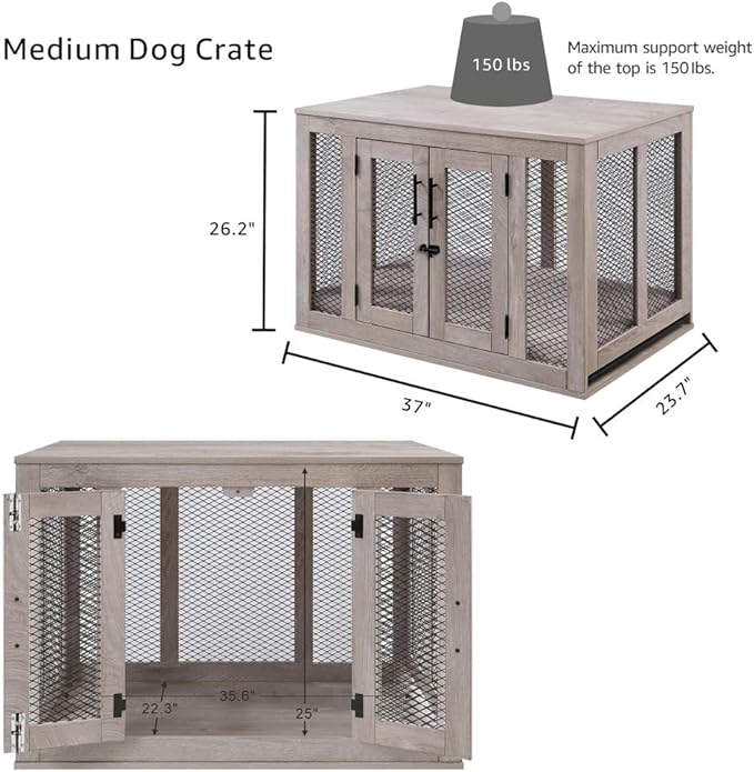 unipaws Dog Crate Furniture, Wooden Dog Kennel for Medium Breed, Indoor Decorative Wood Dog Cage, Inside Side End Table Crate with Removable Tray and Dog Bed, Dog Enclosure, for Dogs Up to 40 lbs