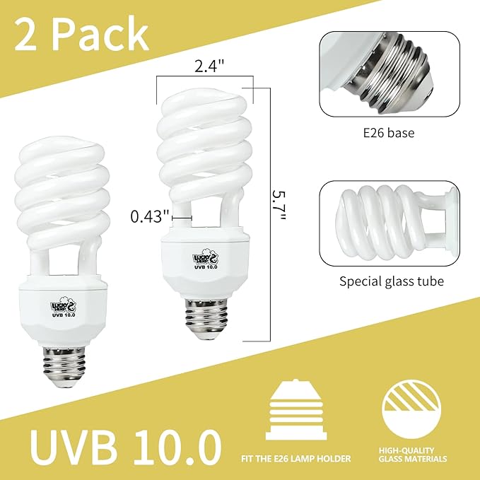 LUCKY HERP 2 Pack UVA UVB Reptile Light, 23W 10.0 UVB Bulb for Desert Reptiles, Compact Fluorescent Terrarium Lamp, Reptile UVB Bulb for Bearded Dragon, Lizard, Tortoise