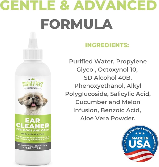 Mighty Petz Dog Ear Cleaner – Pet Ear Wash to Support Itchy, Infection Prone Ears, Yeast and Wax. Advanced & Gentle Otic Cleaning Solution. Ear Drops for Dogs and Cats - 8 oz