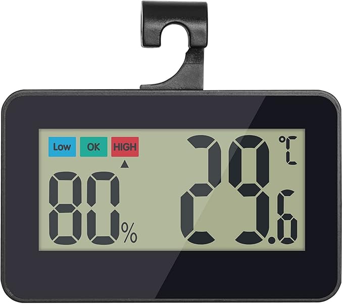 Reptile Thermometer Hygrometer Reptile Terrarium Thermometer Hygrometer Digital Display Pet Rearing Box Reptiles Tank Thermometer Hygrometer with Suction Cup and Hook (Black)