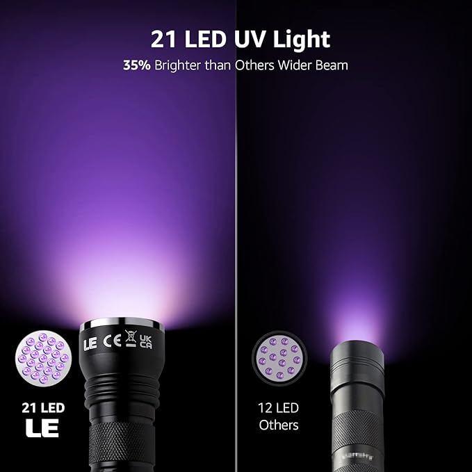 LE Black Light Flashlight, Small UV Lights with 21 LEDs, 395nm, Ultraviolet Light Detector for Invisible Ink Pens, Pet Dog Cat Urine Stain and More, AAA Batteries Included