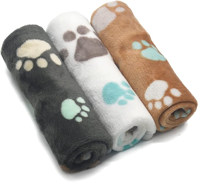 1 Pack 3 Puppy Blankets Super Soft Warm Sleep Mat Cute PAW Print Blanket Fleece Pet Blanket Flannel Throw Dog Blankets for Small Dogs Puppy Cats,Gray/White/Brown-Medium(29"x20")