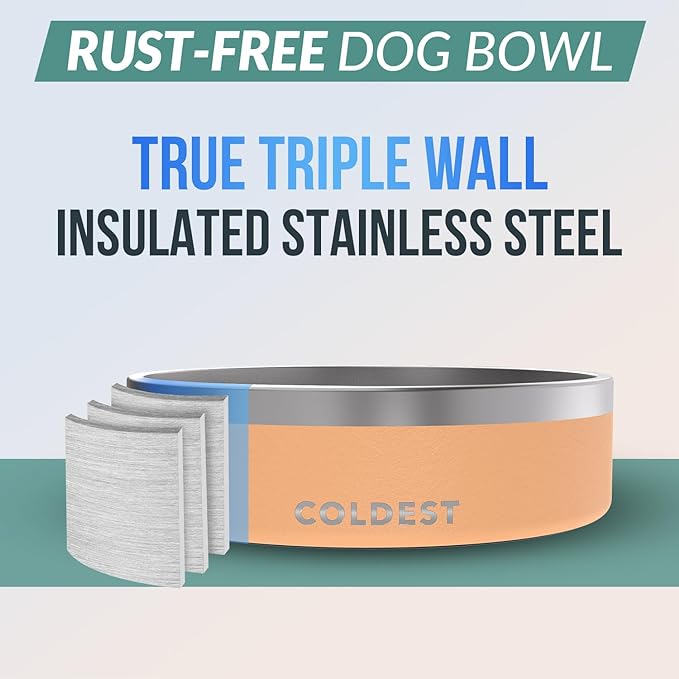 Coldest Dog Bowl - Anti Rust Metal & Non Slip Dog Bowls Large, Spill Proof Heavy Duty 3 Layers Insulated Dog Bowl - Food and Water Bowl for Dogs, Cats & Pets, Dishwasher Safe (42 oz, Sahara Peach)