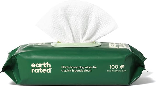 Earth Rated Hypoallergenic Dog Wipes, Cleaning and Odor-Controlling Grooming Wipes for Paws, Body, and Butt, Perfect for Puppy and Adult Dogs, Unscented, 100 Count