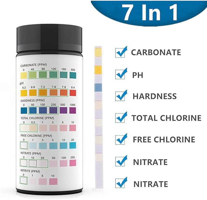 7 in 1 Aquarium Test Strips, 100 Strips Fish Tank Water Test Strips, Freshwater Saltwater Test Kit for pH, Carbonate, Alkalinity, Hardness, Chlorine, Nitrite