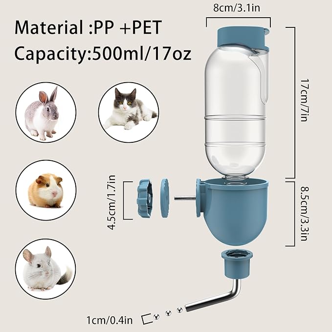 Pet Water Bottle for Cage Crate 17oz Water Dispenser for Small Animal Rabbit Guinea Pig Chinchilla Ferret Squirrel Hedgehog (Blue)