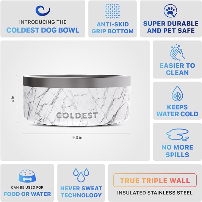 Coldest Dog Bowl - Anti Rust Metal & Non Slip Dog Bowls Large, Spill Proof Heavy Duty 3 Layers Insulated Dog Bowl - Food and Water Bowl for Dogs, Cats & Pets, Dishwasher Safe (100 oz, Carrara Marble)