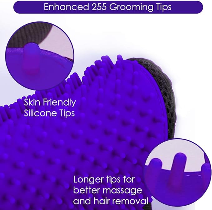 Upgrade Version Pet Grooming Glove - Gentle Deshedding Brush Glove - Efficient Pet Hair Remover Mitt - Enhanced Five Finger Design - Perfect for Dog & Cat with Long & Short Fur - 1 Pair (Purple)