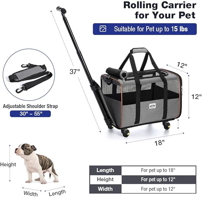 Lekesky Cat Dog Carrier with Wheels Airline Approved Rolling Pet Carrier with Telescopic Handle and Shoulder Strap, Grey