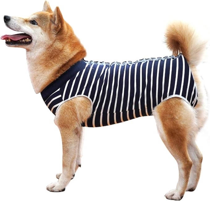 Dog Recovery Suit Abdominal Wound Puppy Surgical Clothes Post-Operative Vest Pet After Surgery Wear Substitute E-Collar & Cone(XL, Blue Stripe)