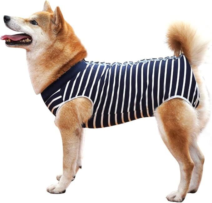 Dog Recovery Suit Abdominal Wound Puppy Surgical Clothes Post-Operative Vest Pet After Surgery Wear Substitute E-Collar & Cone(XXXL, Blue Stripe)