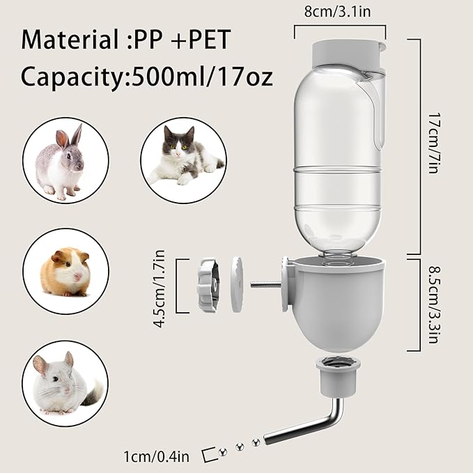 Pet Water Bottle for Cage Crate 17oz Water Dispenser for Small Animal Rabbit Guinea Pig Chinchilla Ferret Squirrel Hedgehog (Gray)