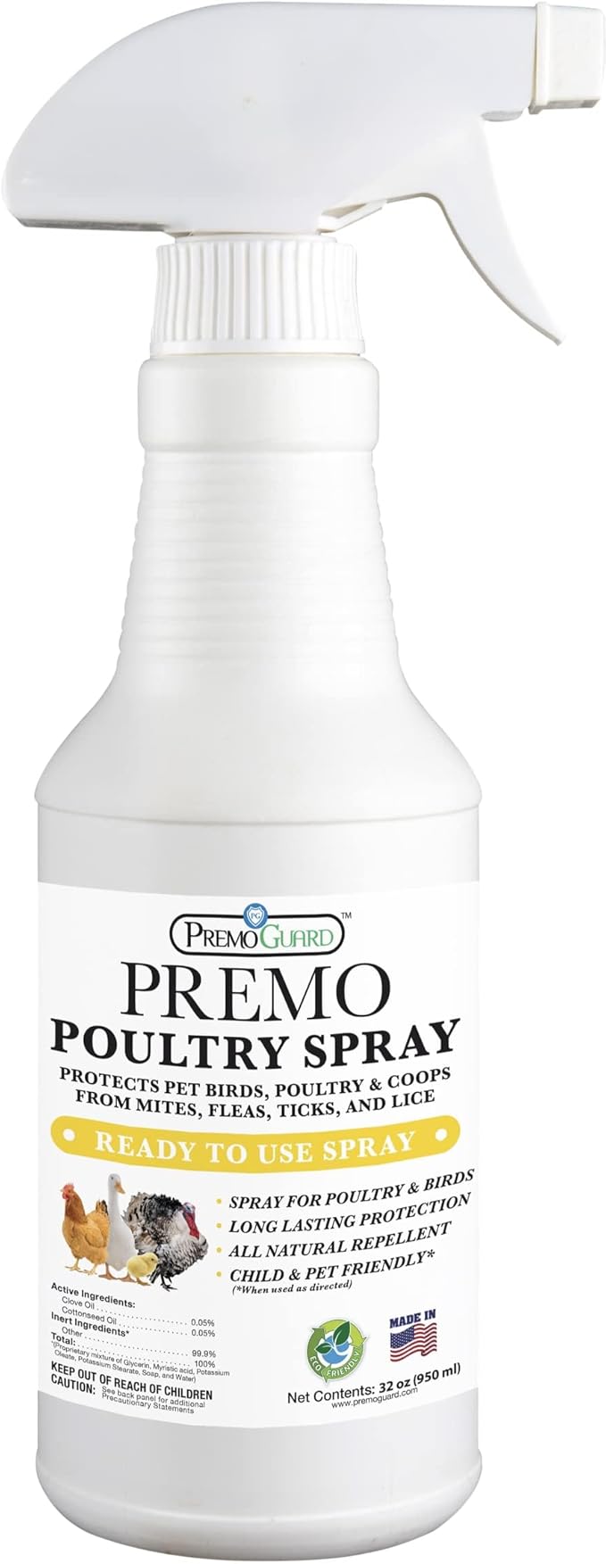 Poultry Spray by Premo Guard – 32 oz – Treat Mites, Fleas, Flies, and Lice – Fast Acting & Effective – Chicken, Turkey, Waterfowl, and Birds – Best Natural Protection for Control & Prevention