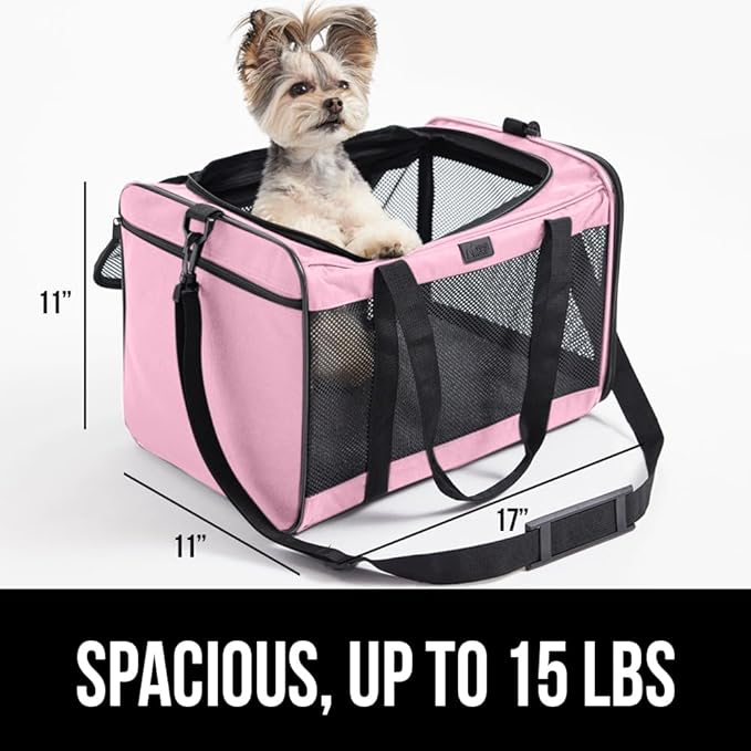 Gorilla Grip Airline Travel Cat Carrier Bag Up to 15 Lbs, Breathable Mesh Collapsible Pet Carriers for Small, Medium Cats, Small Dogs, Puppies, Portable Kennel with Soft Washable Waterproof Pad Pink