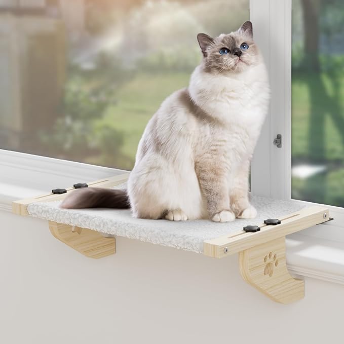 Cat Window Perch, Cat Window Hammock with Wood & Metal Frame for Large Cats, Adjustable Cat Perch for Windowsill, Bedside, Drawer and Cabinet(24.4''-White Plush) (Large Size - 24.4'')