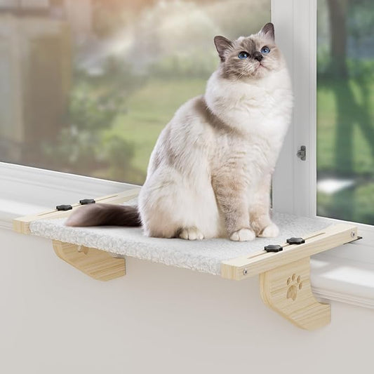 Cat Window Perch, Cat Window Hammock with Wood & Metal Frame for Large Cats, Adjustable Cat Perch for Windowsill, Bedside, Drawer and Cabinet(27.5''-White Plush) (X-Large Size - 27.5'')