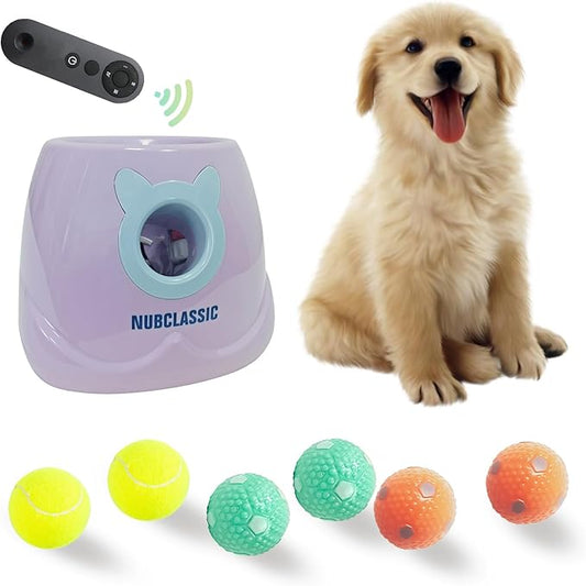 BESTHLS Automatic Ball Launcher for Dogs Interactive Tennis Ball Thrower Machine for Small Medium Dogs Fetching Distance 10-30ft, 6pc Balls Included (Purple, with Remote)