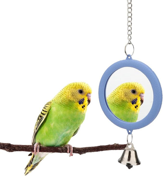 Pet Bird Mirror with Bell Interactive Parrot Toy Bird Cage Mirror for Cockatiel Parakeets Canaries Budgie (BLUE)