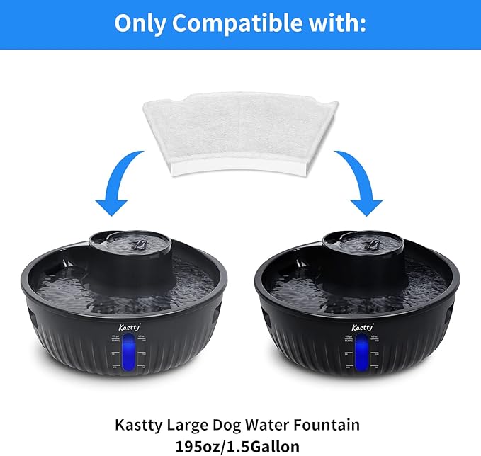 Kastty 6 Pack Replacement Filters for 195oz/6L Spiral Dog Water Fountains, Made of Coconut Shell Activated Carbon and PP Cotton, Food Grade Water Fountain Filters, with 6pcs Mesh Bag