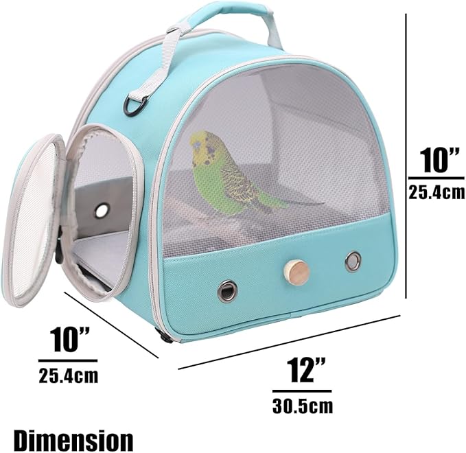 Bird Travel Cage, Portable Small Bird Parrot Parakeet Carrier with Standing Perch (NO Metal Tray), Side Access Window Collapsible(Green, Mesh Windows)