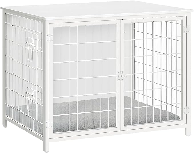 Dog Crate Furniture with Cushion, Wooden Dog Kennel with Double Doors, Heavy Duty Dog Cage for Small/Medium/Large Dogs, Indoor Dog House End Table, 31.5" L, White DCBW0701